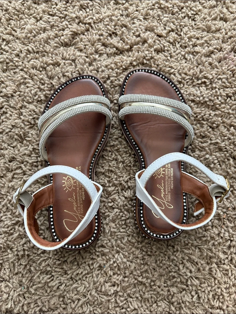 Jewel White and Gold Rhinestone Strap Kids Sandals